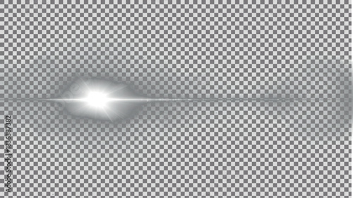 Minimalist subtle white horizontal light streak effect with thin beam and blurred bright central point, clean delicate illumination on transparent PNG background.