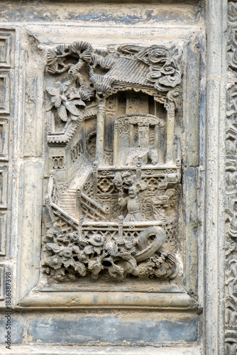 The exquisite brick carvings on the flower Theatre archway in Bozhou City, Anhui Province, China. The Flower Theatre was first built in the Qing Dynasty.