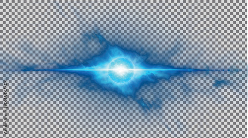 Aggressive electric blue horizontal light effect with sharp central flare, prominent blue smoky energy cloud, and intense focused illumination on transparent PNG background.