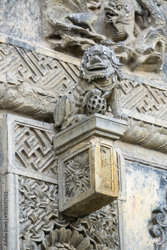 The exquisite brick carvings on the flower Theatre archway in Bozhou City, Anhui Province, China. The Flower Theatre was first built in the Qing Dynasty.