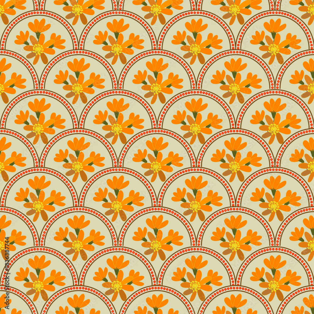 Fototapeta premium ​A seamless repeating pattern featuring stylized orange and yellow flowers and green leaves within a scalloped, Art Deco-inspired arch motif on a pale tan background.