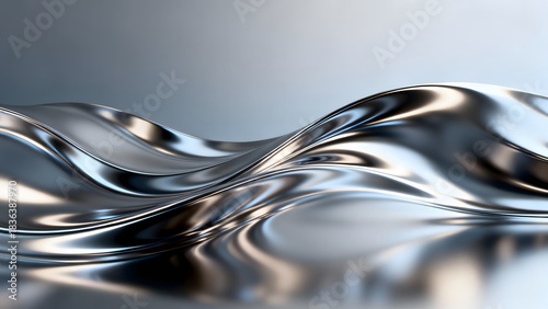 Abstract metallic liquid surface with smooth waves and reflections in a blurry background design