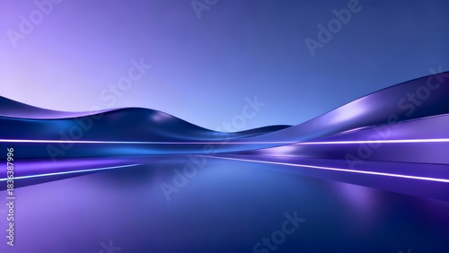 Abstract wavy surface with purple and blue gradient and light streaks reflecting on the surface