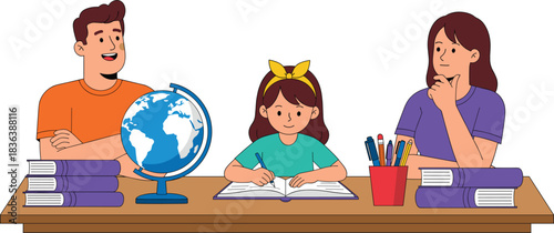 Vector illustration of parents helping their child study at a desk with books and a globe, promoting education and family learning.
