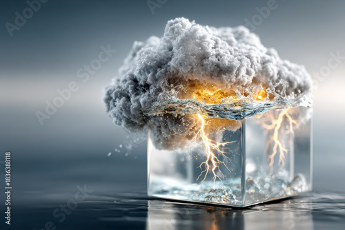 Dramatic storm cloud with lightning emerging from a glass cube filled with turbulent water