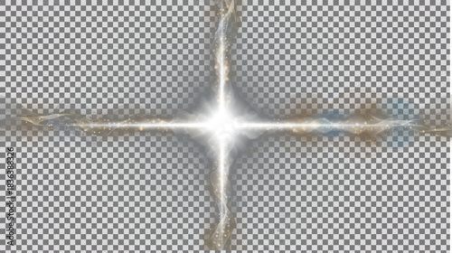 Intense bright white cross-shaped light flare with thick, textured beam and smoky, color-tinted edges, dramatic abstract illumination effect on transparent PNG background.