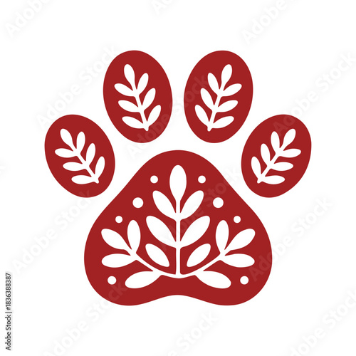 Stylized paw print with floral leaf patterns in red and white for animal or nature themed designs