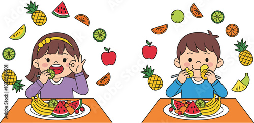 Cute Cartoon Vector of Children Enjoying a Healthy Meal of Fresh, Diverse Fruits