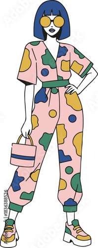 A stylish vector illustration of a fashion-forward woman with a blue bob haircut and oversized yellow sunglasses, wearing a pink abstract-patterned jumpsuit and matching chunky sneakers while holding 