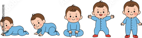 Cute Cartoon Vector showing Baby Developmental Milestones: Crawling, Sitting, and Standing