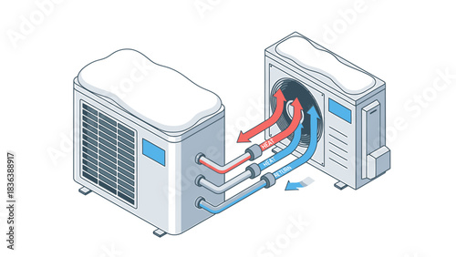 Isometric illustration of a heat pump system with outdoor units covered in snow.