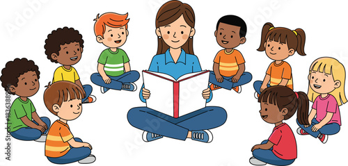 Diverse Group of Children Listening to a Teacher Read a Story Book Vector
