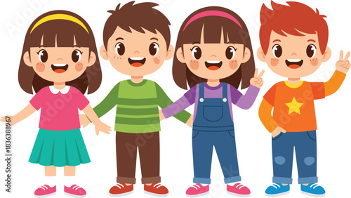 Diverse Group of Four Happy Children Standing Together in a Bright Cartoon VectorDiverse Group of Four Happy Children Standing Together in a Bright Cartoon Vector