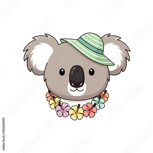 Cute Cartoon Koala Head with Summer Hat and Flower Lei.
