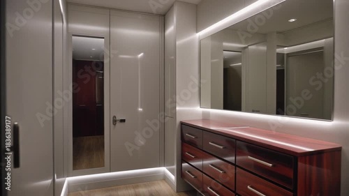 A dressing area revealed in slow motion, ambient LEDs gliding over lacquered drawers and mirrored closet doors.