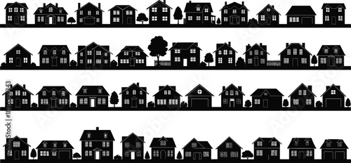 Vector Illustration of Symmetrical Suburban Street with Houses, Benches, and City Skyline View