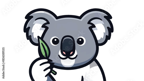 Cute Koala Holding Eucalyptus Leaf Cartoon Illustration.