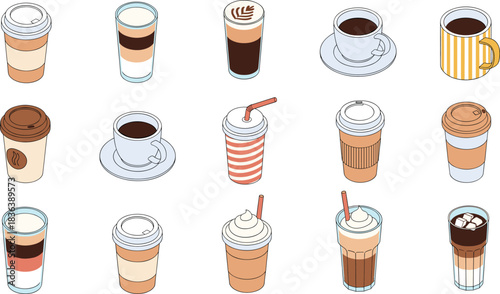 Vector illustration set of assorted coffee drinks including lattes, cappuccinos, iced coffees, to-go cups, and mugs in various styles.