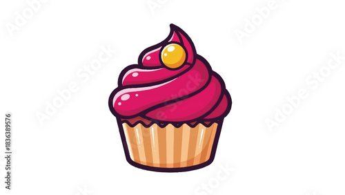 Delicious Pink Frosted Cupcake with Yellow Cherry on Top.