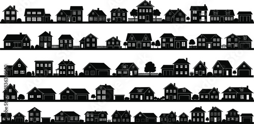 Large set of varied house silhouettes and suburban home profile vectors for design.