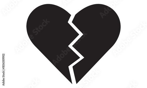 A stark black silhouette of a broken heart with a jagged crack down the middle symbolizing heartbreak and sadness silhouette