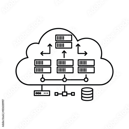 Cloud Computing Architecture with Servers, Network, and Database Connection