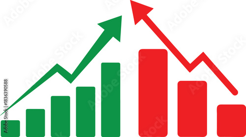 Abstract silhouette of ai driven growth and decline represented by bar charts and arrows