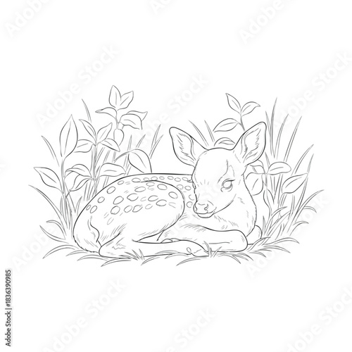 Line drawing of a resting young deer in the grass