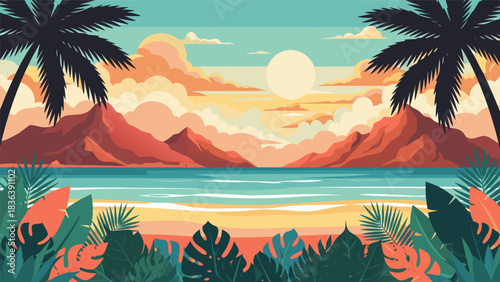 Tropical Beach Sunset A Vector Illustration of Palms, Mountains, and the Ocean's Calm Waters