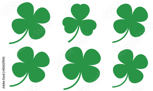 Six vibrant green four leaf clover silhouettes on a white background symbolizing luck and st patricks day