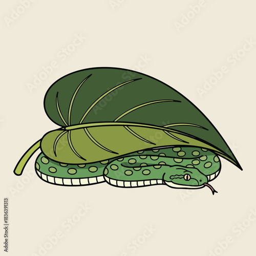 Cartoon snake hiding under a leaf