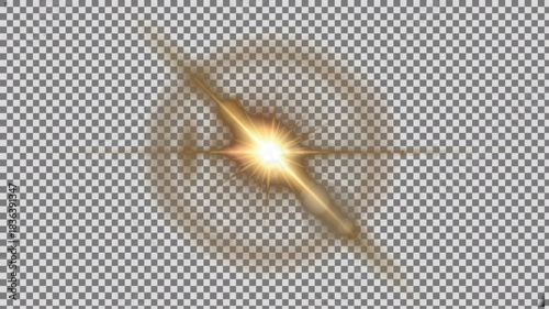 Intense warm golden-yellow lens flare effect with sharp diagonal light streak and bright starburst, soft peripheral lens ring artifact on transparent PNG background.