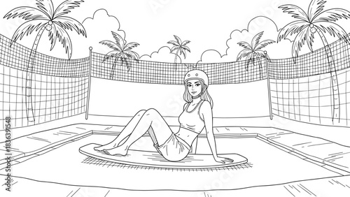 Woman relaxing on surfboard at beach volleyball court with palm trees