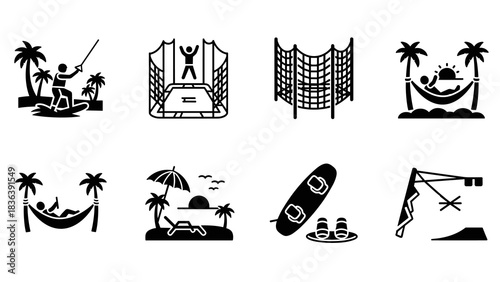Active summer icons: parasailing, trampoline, hammock, beach, wakeboarding