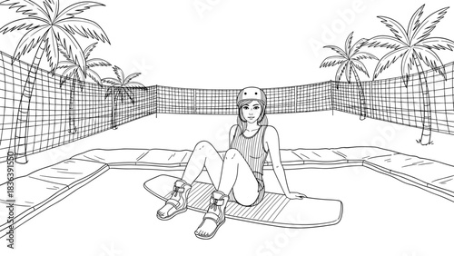 Vector line art of wakeboarding girl in helmet at beachside trampoline park with palm trees and safety nets