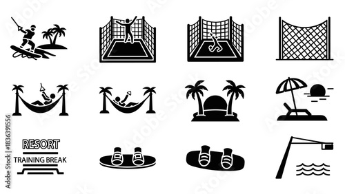 Water sports and beach activities - silhouettes of wakeboarding, hammocks, and volleyball nets