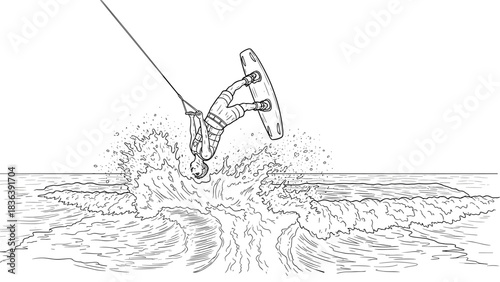 Dynamic wakeboarding stunt in black and white line art