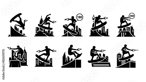 Urban skateboarding silhouettes: dynamic tricks against city skyline