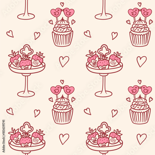 Seamless Valentine pattern with chocolate strawberry dessert stand, lovebird cupcake, and hand-drawn hearts on a soft cream background, perfect for romantic wrapping paper, fabric, bakery packaging.
