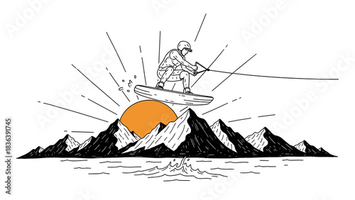 Wakeboarding adventure against mountain sunset in dynamic line art style
