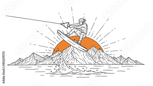 Dynamic wakeboarding adventure: rider against mountain sunrise