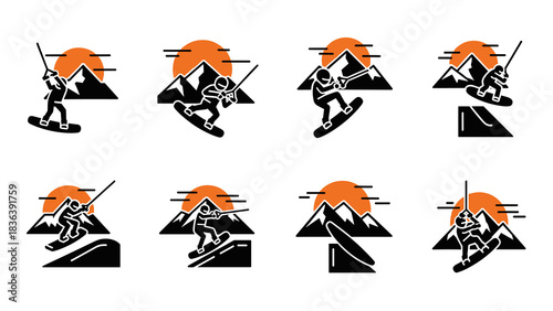 Snowboarding adventure icons with sunset mountains in dynamic silhouette style