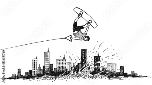 “wakeboard freestyle above city skyline”