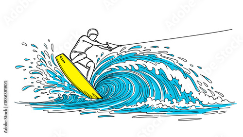 Exciting wakeboarding adventure with dynamic splash and detailed line art illustration