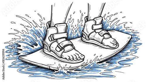 Wakeboarder with strapped boots gliding over water in dynamic sketch style