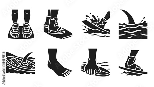 Black silhouette of surfing and scuba diving elements with ocean theme