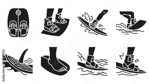 Silhouette wakeboarding icons set with riders and boards in action