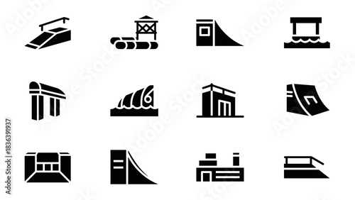 Skate park icons set: minimalist black silhouettes of ramps and rails for urban sports design