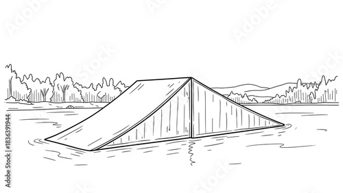 Outline drawing of a ramp in a serene lake landscape