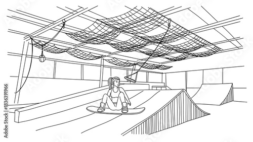 Skate park adventure: young skateboarder in indoor arena line art